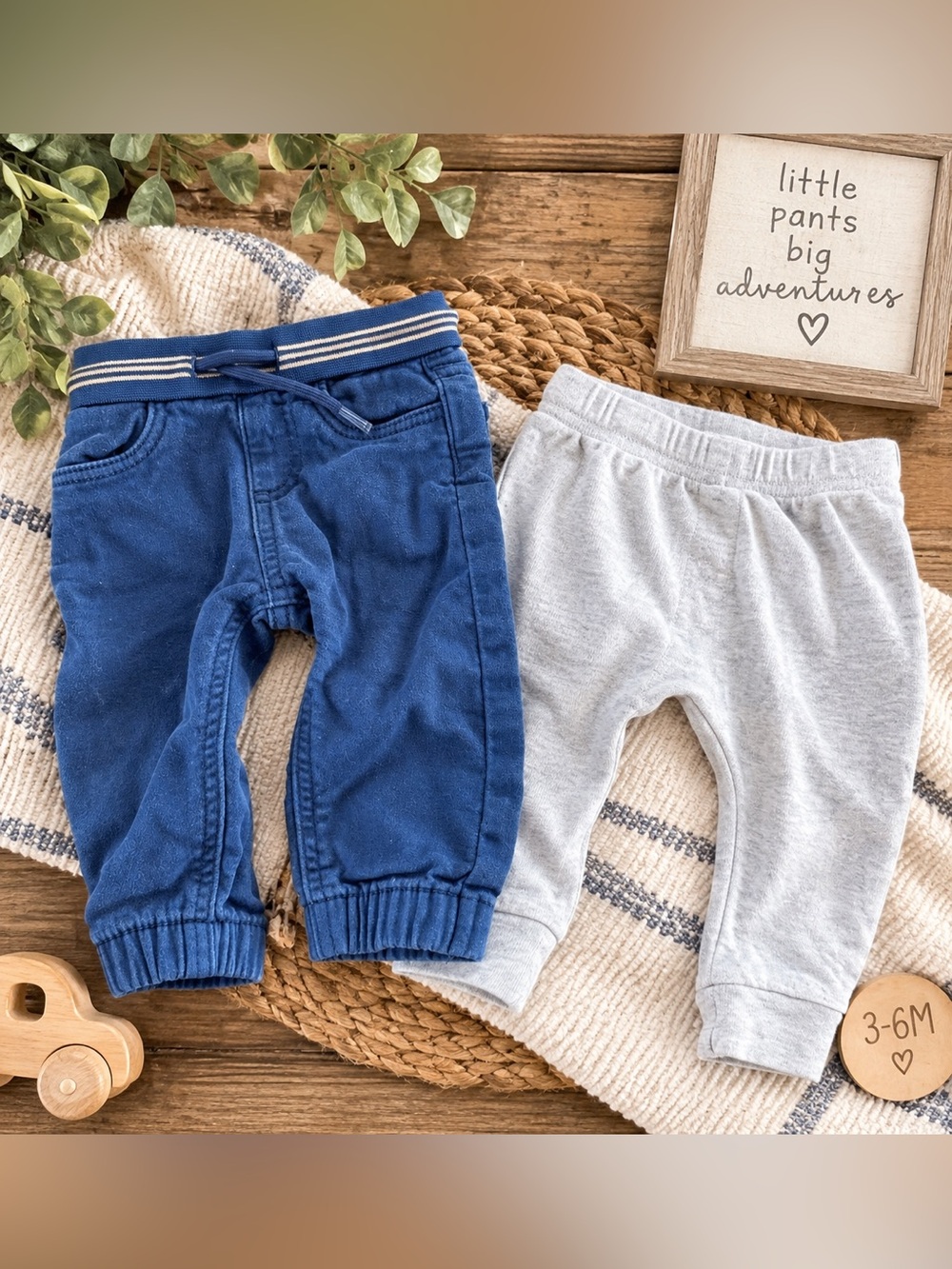 Baby Boy Pants Bundle 3-6M Mayoral Blue Joggers + Baby Kiss Gray Cotton Pants